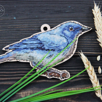 DIY Cross stitch kit on wood "Blue Nightingale" 5.5x3.5 in / 14.0x9.0 cm
