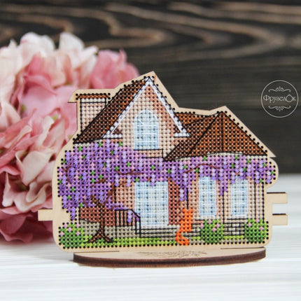 DIY Cross stitch kit on wood "Spring Cottage" 4.5x3.3 in / 11.5x8.5 cm