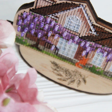 DIY Cross stitch kit on wood "Spring Cottage" 4.5x3.3 in / 11.5x8.5 cm