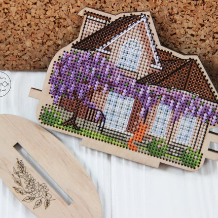 DIY Cross stitch kit on wood "Spring Cottage" 4.5x3.3 in / 11.5x8.5 cm