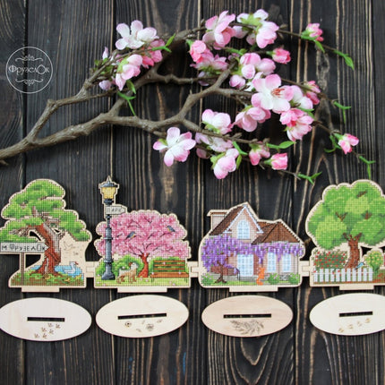 DIY Cross stitch kit on wood "Spring Cottage" 4.5x3.3 in / 11.5x8.5 cm