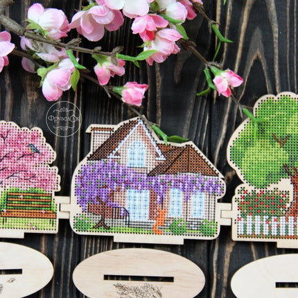 DIY Cross stitch kit on wood "Spring Cottage" 4.5x3.3 in / 11.5x8.5 cm