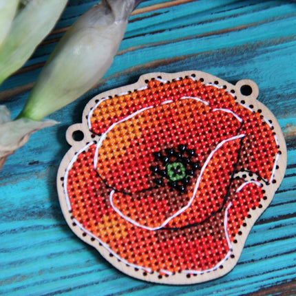DIY Cross stitch kit on wood "Flowers" 2.4x2.4 in / 6.0x6.0 cm