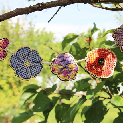 DIY Cross stitch kit on wood "Flowers" 2.4x2.4 in / 6.0x6.0 cm