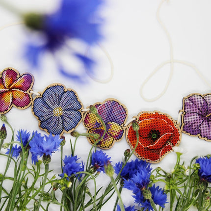 DIY Cross stitch kit on wood "Flowers" 2.4x2.4 in / 6.0x6.0 cm
