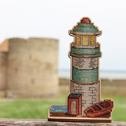DIY Cross stitch kit on wood "Lighthouse" 5.7x3.5 in / 14.5x9.0 cm