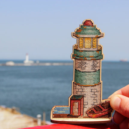 DIY Cross stitch kit on wood "Lighthouse" 5.7x3.5 in / 14.5x9.0 cm