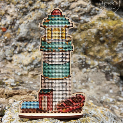DIY Cross stitch kit on wood "Lighthouse" 5.7x3.5 in / 14.5x9.0 cm