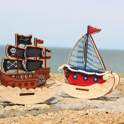 DIY Cross stitch kit on wood "Pirate Ship" 3.9x3.9 in / 10.0x10.0 cm
