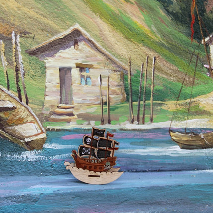 DIY Cross stitch kit on wood "Pirate Ship" 3.9x3.9 in / 10.0x10.0 cm