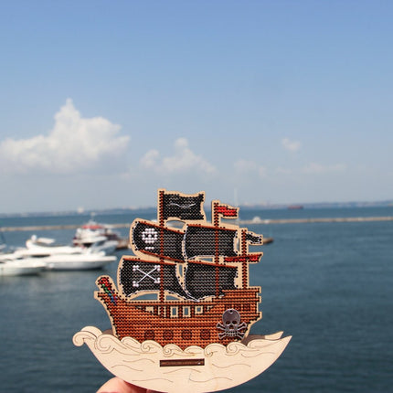 DIY Cross stitch kit on wood "Pirate Ship" 3.9x3.9 in / 10.0x10.0 cm