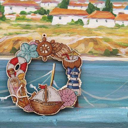 DIY Cross stitch kit on wood "Marine" 8.1x7.5 in / 20.5x19.0 cm