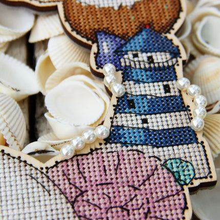 DIY Cross stitch kit on wood "Marine" 8.1x7.5 in / 20.5x19.0 cm