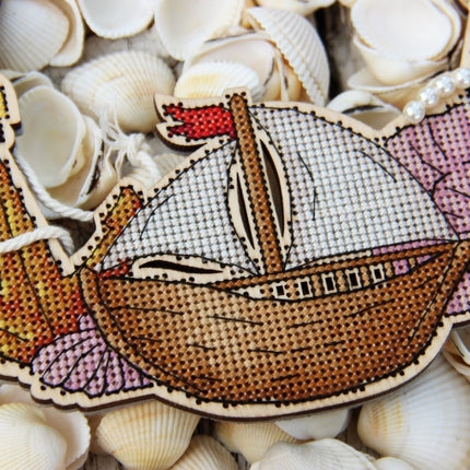 DIY Cross stitch kit on wood "Marine" 8.1x7.5 in / 20.5x19.0 cm