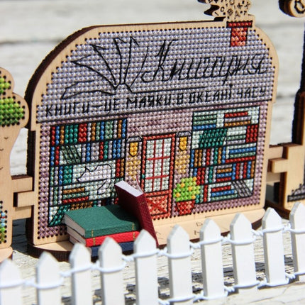 DIY Cross stitch kit on wood "Bookstore" 4.5x3.5 in / 11.5x9.0 cm