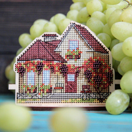 DIY Cross stitch kit on wood "Cottage with Grapes" 4.3x3.3 in / 11.0x8.5 cm