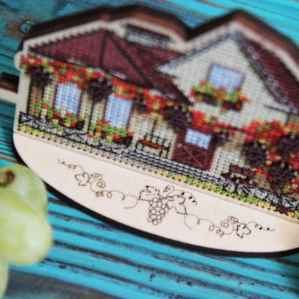DIY Cross stitch kit on wood "Cottage with Grapes" 4.3x3.3 in / 11.0x8.5 cm