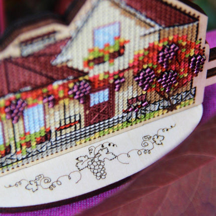 DIY Cross stitch kit on wood "Cottage with Grapes" 4.3x3.3 in / 11.0x8.5 cm