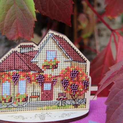DIY Cross stitch kit on wood "Cottage with Grapes" 4.3x3.3 in / 11.0x8.5 cm