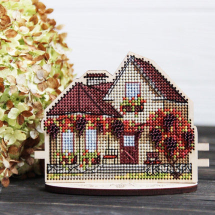 DIY Cross stitch kit on wood "Cottage with Grapes" 4.3x3.3 in / 11.0x8.5 cm