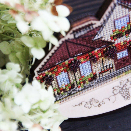 DIY Cross stitch kit on wood "Cottage with Grapes" 4.3x3.3 in / 11.0x8.5 cm