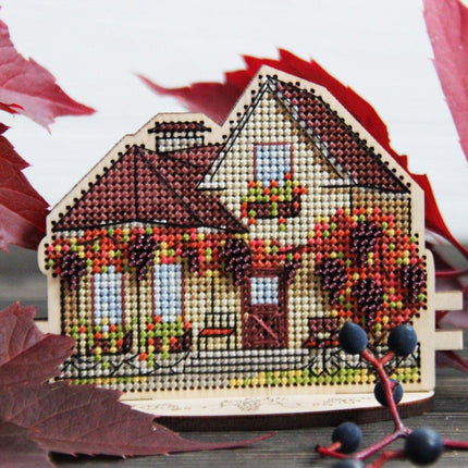 DIY Cross stitch kit on wood "Cottage with Grapes" 4.3x3.3 in / 11.0x8.5 cm