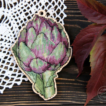 DIY Cross stitch kit on wood "Artichoke" 4.7x3.3 in / 12.0x8.5 cm