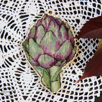 DIY Cross stitch kit on wood "Artichoke" 4.7x3.3 in / 12.0x8.5 cm