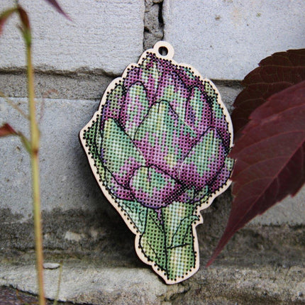 DIY Cross stitch kit on wood "Artichoke" 4.7x3.3 in / 12.0x8.5 cm