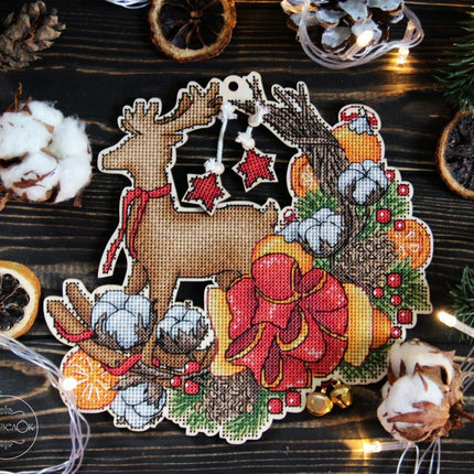 DIY Cross stitch kit on wood "Jingle Bells" 7.7x7.3 in / 19.5x18.5 cm