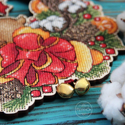 DIY Cross stitch kit on wood "Jingle Bells" 7.7x7.3 in / 19.5x18.5 cm