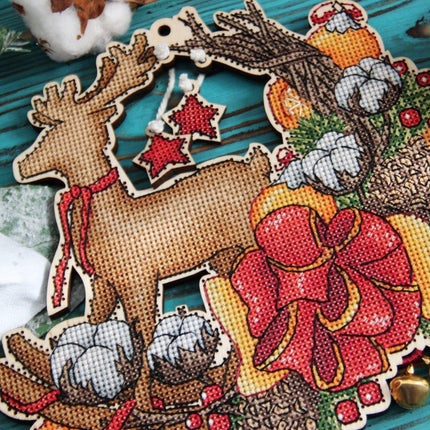 DIY Cross stitch kit on wood "Jingle Bells" 7.7x7.3 in / 19.5x18.5 cm