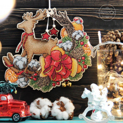 DIY Cross stitch kit on wood "Jingle Bells" 7.7x7.3 in / 19.5x18.5 cm