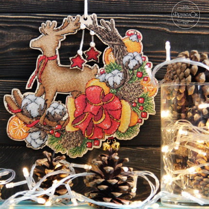 DIY Cross stitch kit on wood "Jingle Bells" 7.7x7.3 in / 19.5x18.5 cm