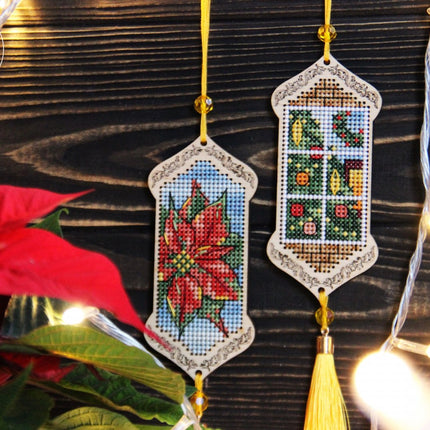 DIY Cross stitch kit on wood "Through the Window" 3.9x1.8 in / 10.0x4.5 cm
