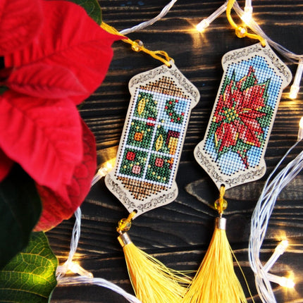 DIY Cross stitch kit on wood "Through the Window" 3.9x1.8 in / 10.0x4.5 cm