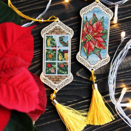 DIY Cross stitch kit on wood "Through the Window" 3.9x1.8 in / 10.0x4.5 cm
