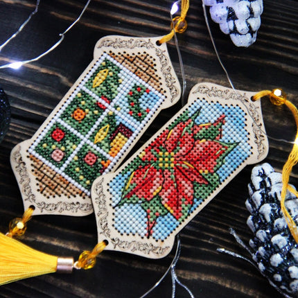DIY Cross stitch kit on wood "Through the Window" 3.9x1.8 in / 10.0x4.5 cm