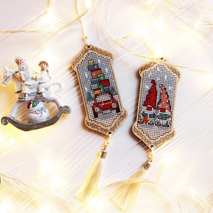 DIY Cross stitch kit on wood "Gnomes Adventures" 3.9x1.8 in / 10.0x4.5 cm