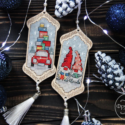 DIY Cross stitch kit on wood "Gnomes Adventures" 3.9x1.8 in / 10.0x4.5 cm