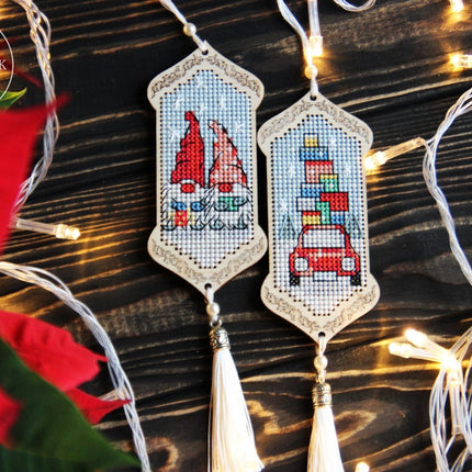 DIY Cross stitch kit on wood "Gnomes Adventures" 3.9x1.8 in / 10.0x4.5 cm