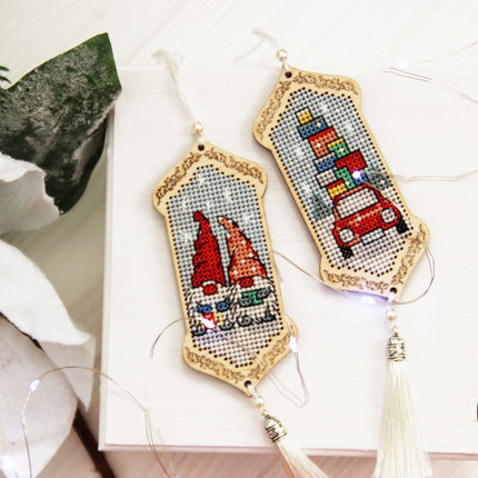 DIY Cross stitch kit on wood "Gnomes Adventures" 3.9x1.8 in / 10.0x4.5 cm