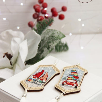 DIY Cross stitch kit on wood "Gnomes Adventures" 3.9x1.8 in / 10.0x4.5 cm