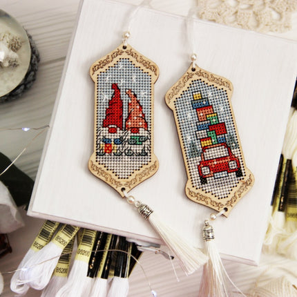 DIY Cross stitch kit on wood "Gnomes Adventures" 3.9x1.8 in / 10.0x4.5 cm