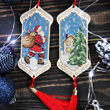 DIY Cross stitch kit on wood "Christmas  Eve" 3.9x1.8 in / 10.0x4.5 cm