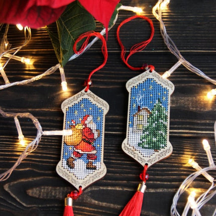 DIY Cross stitch kit on wood "Christmas  Eve" 3.9x1.8 in / 10.0x4.5 cm