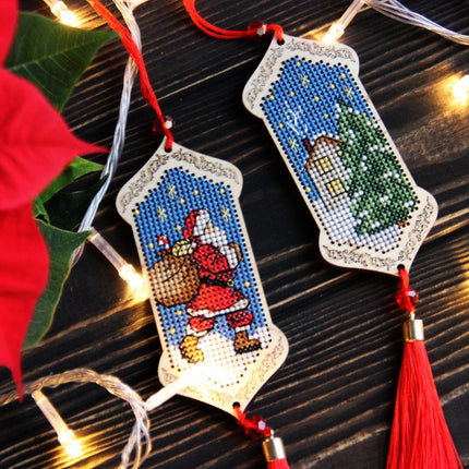DIY Cross stitch kit on wood "Christmas  Eve" 3.9x1.8 in / 10.0x4.5 cm