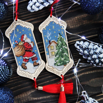 DIY Cross stitch kit on wood "Christmas  Eve" 3.9x1.8 in / 10.0x4.5 cm