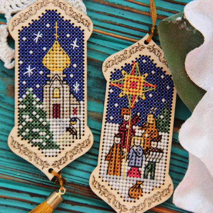 DIY Cross stitch kit on wood "Christmas Time" 3.9x1.8 in / 10.0x4.5 cm