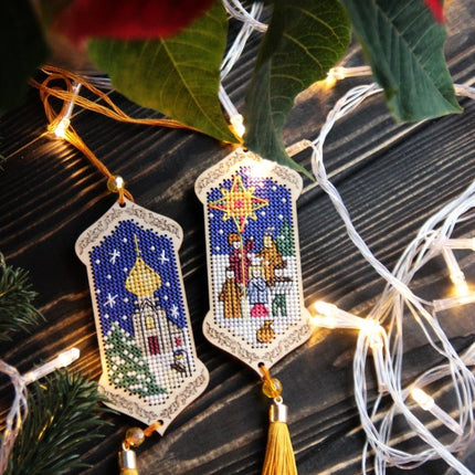 DIY Cross stitch kit on wood "Christmas Time" 3.9x1.8 in / 10.0x4.5 cm